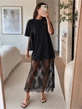 Endless Rose Contemporary Mixed Media Lace Hem T Shirt Dress Black Size M